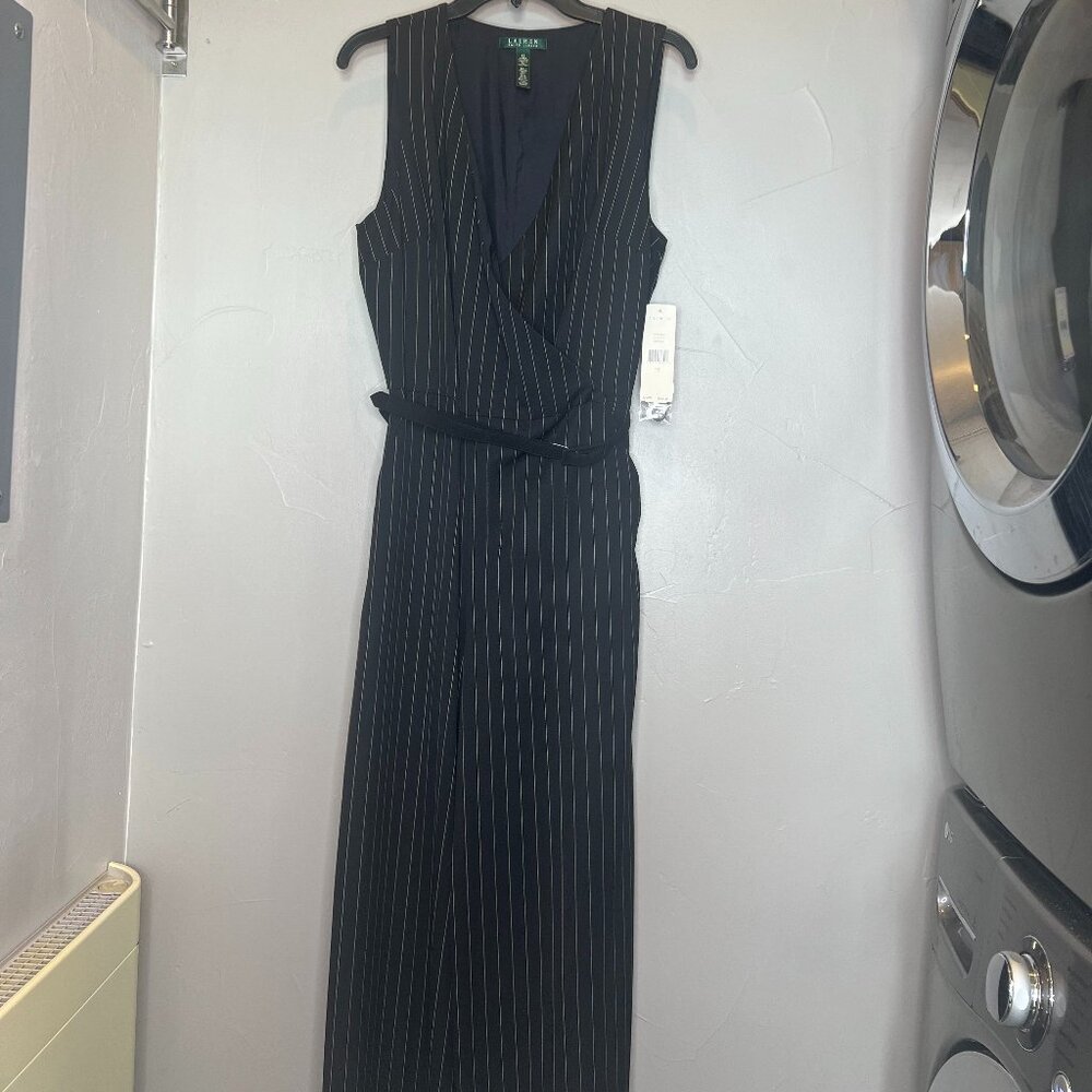 NWT Ralph Lauren Black/Cream Pinstripe Pant Jumpsuit Sz 12-Gorgeous/Classic - Picture 2 of 10